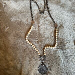 French Kande Classic Cream Beaded and Chain Necklace with Coin Pendant